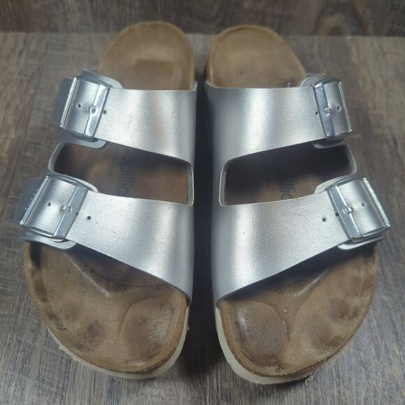 Papillio Birkenstock Silver Metallic Arizona Platform Sandals Womens Sz 8 EU 39 - Picture 4 of 13